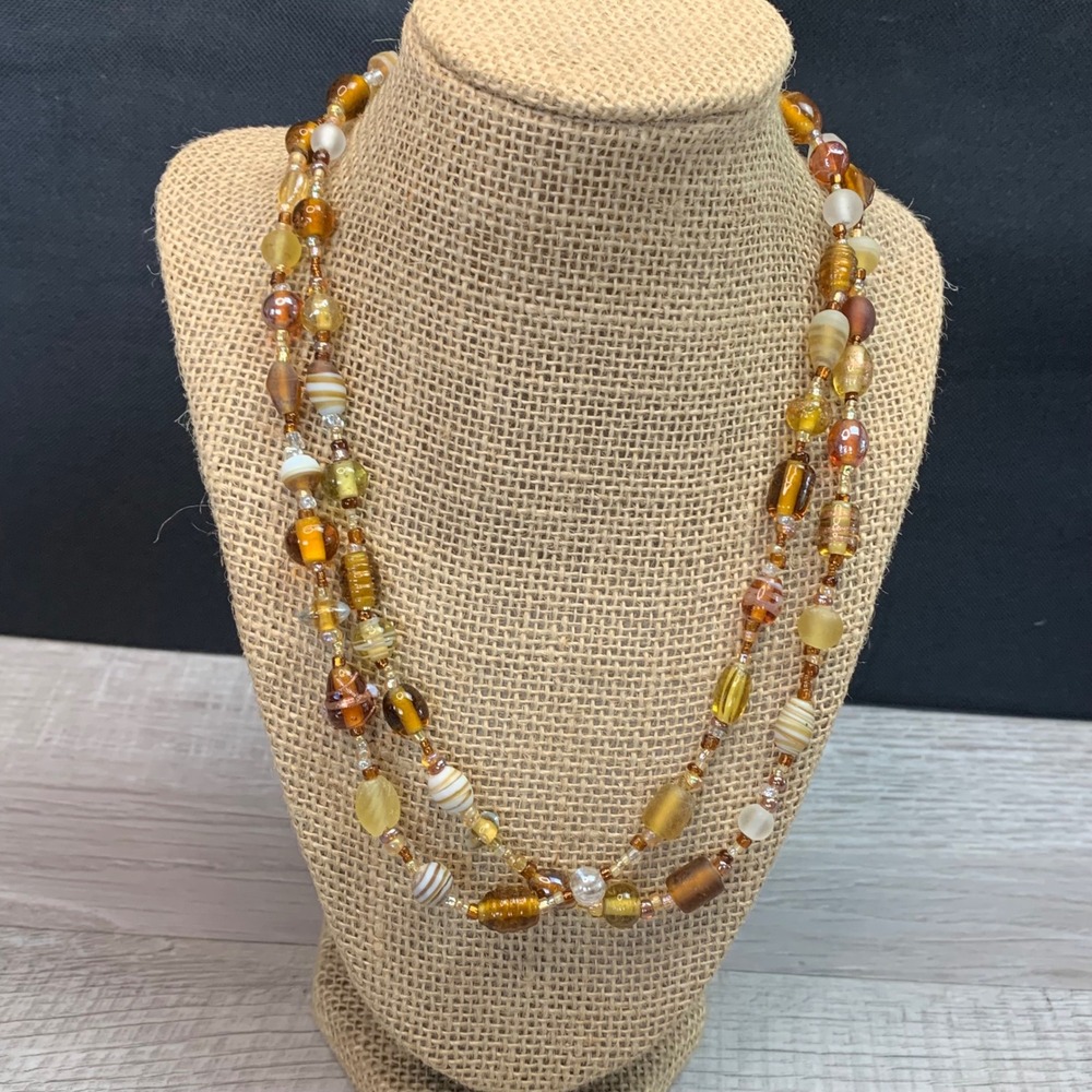Double Strand Amber Glass Bead Necklace Earth Tones Toggle Clasp 18 Inch